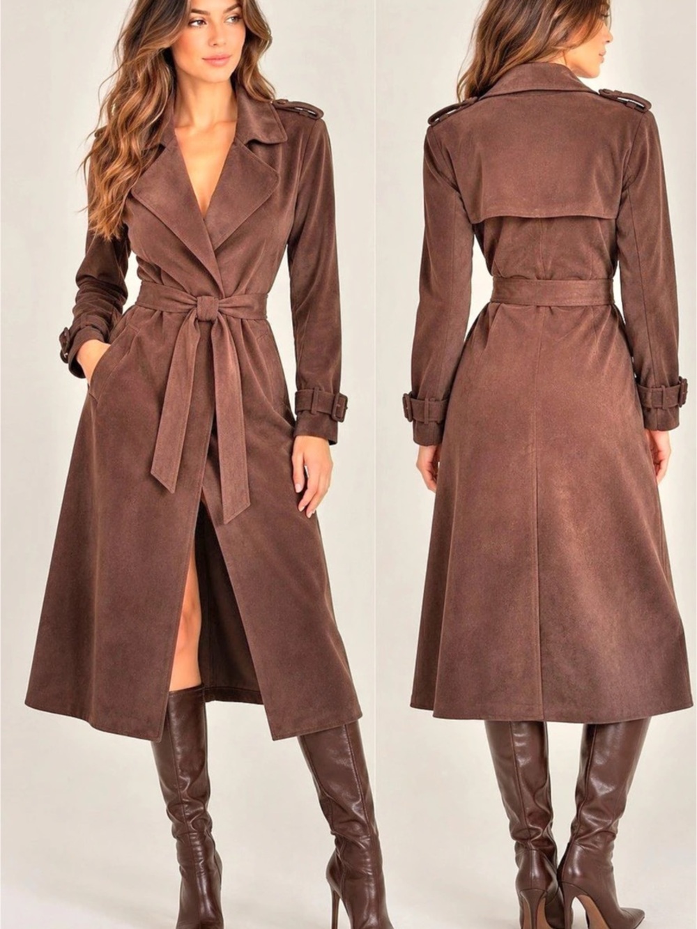 Magaschoni Faux Suede Belted Trench Coat Brown